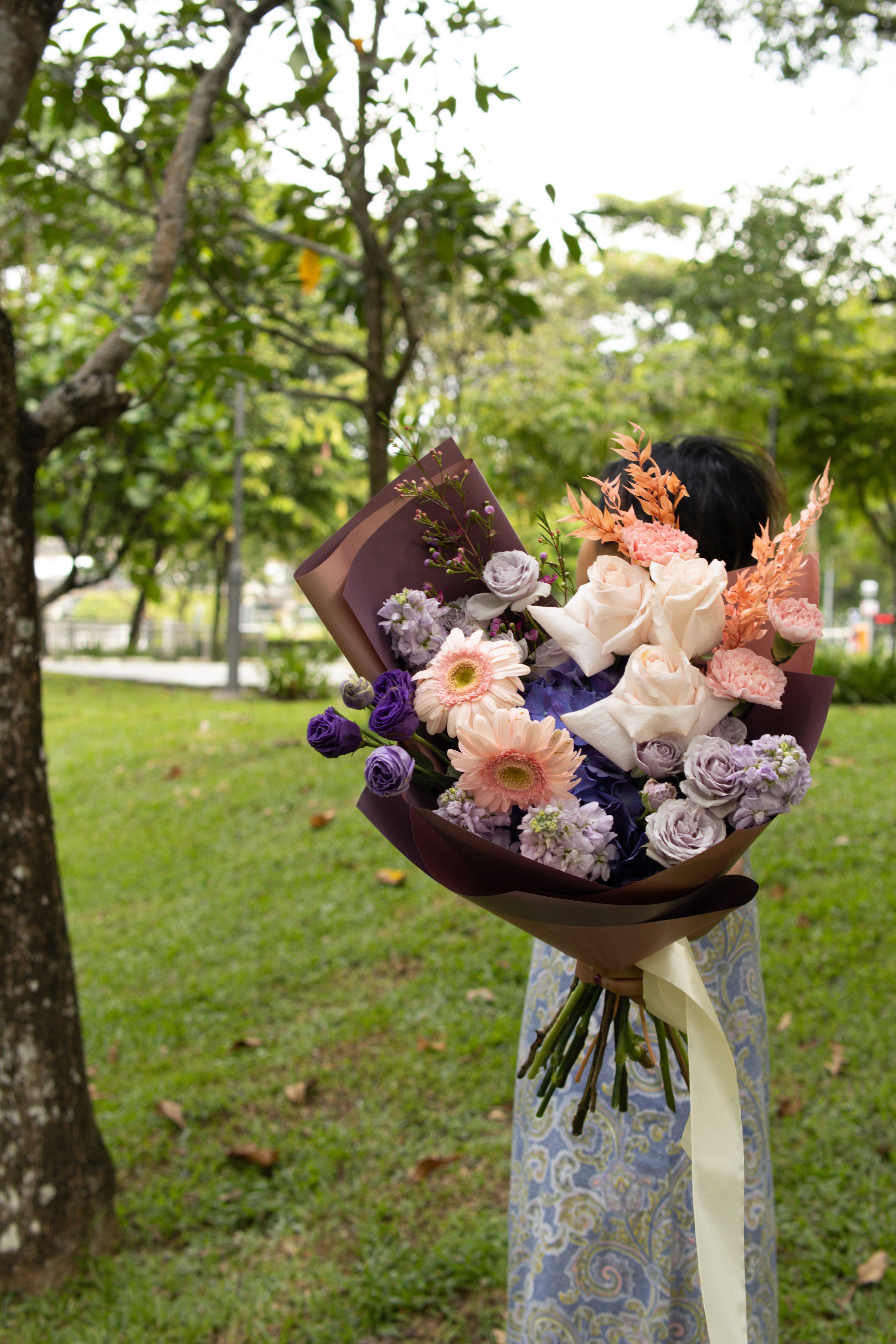 Rustique Flora purple flower bouquet for delivery in Singapore