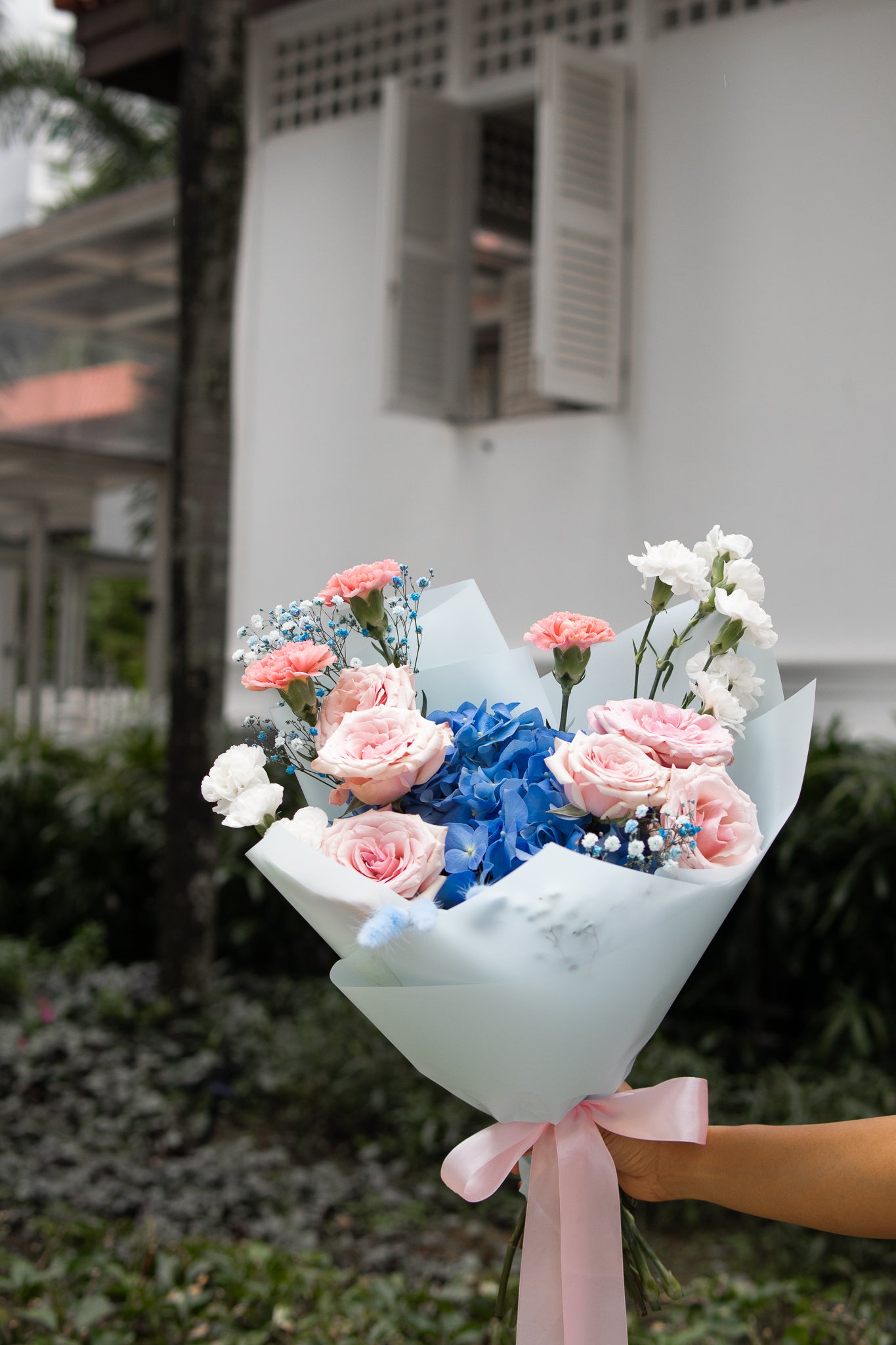 Rustique Flora blue flower and rose bouquet for delivery in Singapore