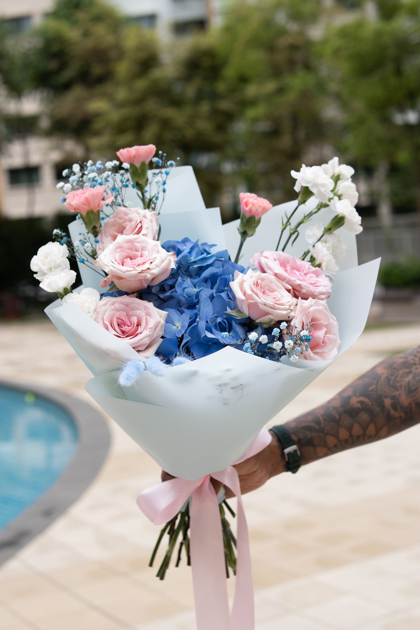 Rustique Flora blue flower and rose bouquet for delivery in Singapore