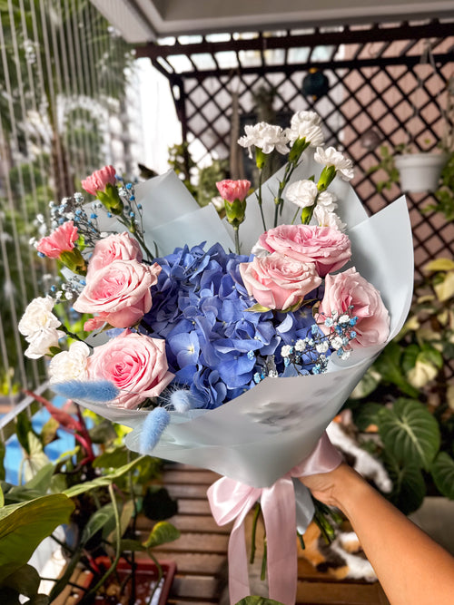 Rustique Flora blue flower and rose bouquet for delivery in Singapore