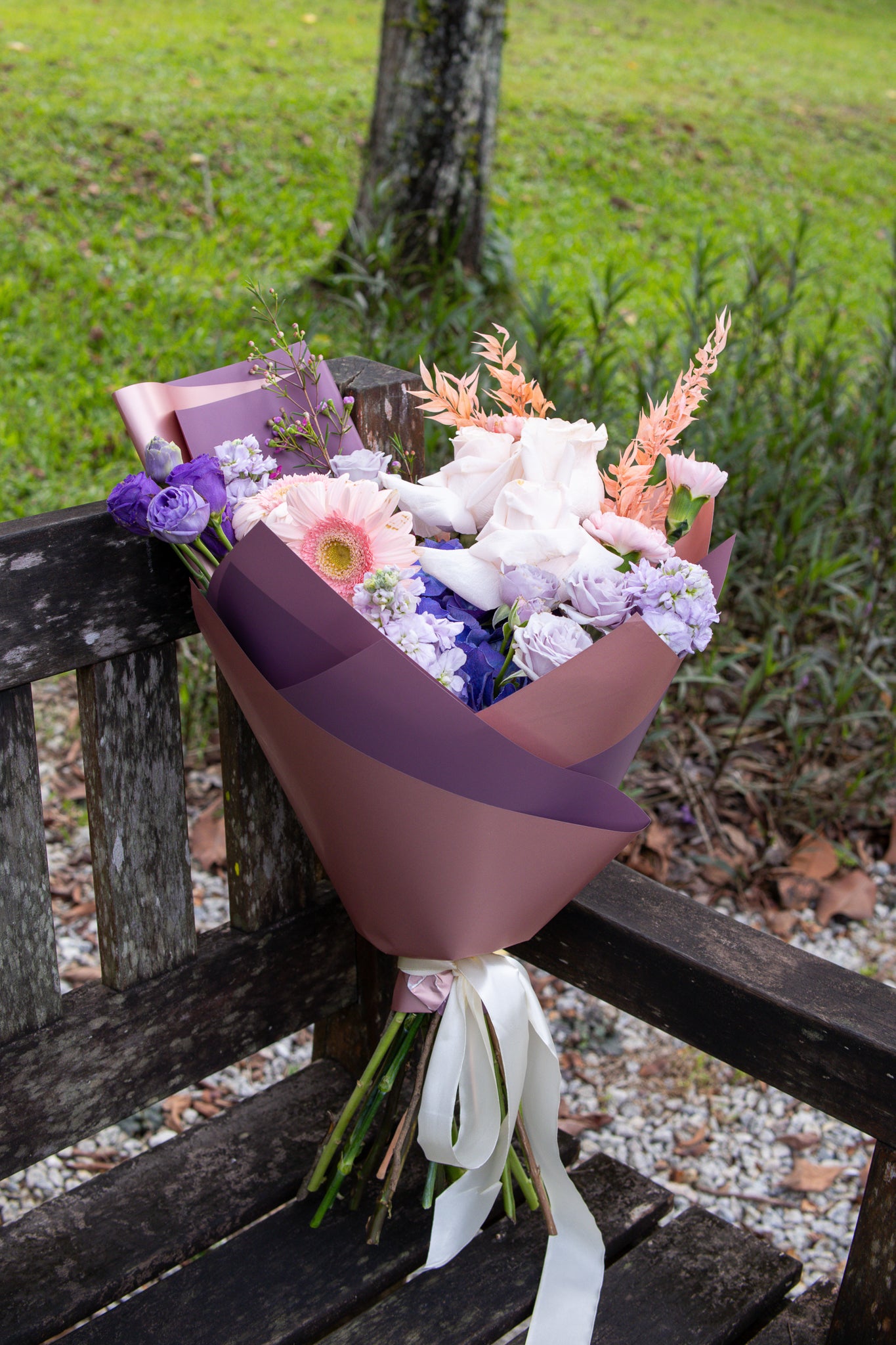 Rustique Flora purple flower bouquet for delivery in Singapore