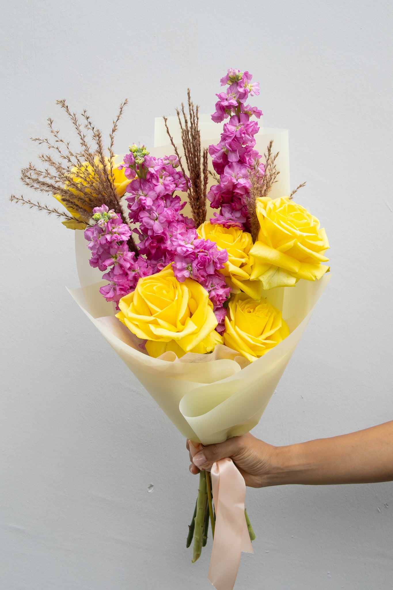Pink Lemon Bouquet – Pink Matthiolas & Yellow Roses Bouquet
