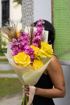 Pink Lemon Bouquet – Pink Matthiolas & Yellow Roses Bouquet